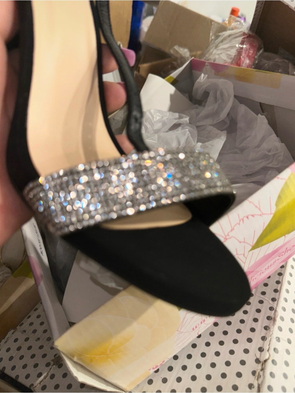 Women's Black Evening Sandals with Silver Crystal Strap